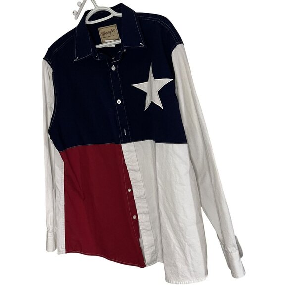 WRANGLER Western Shirts Mens XL Texas Flag 100% Cotton Button Down Rodeo Cowboy - Picture 1 of 7